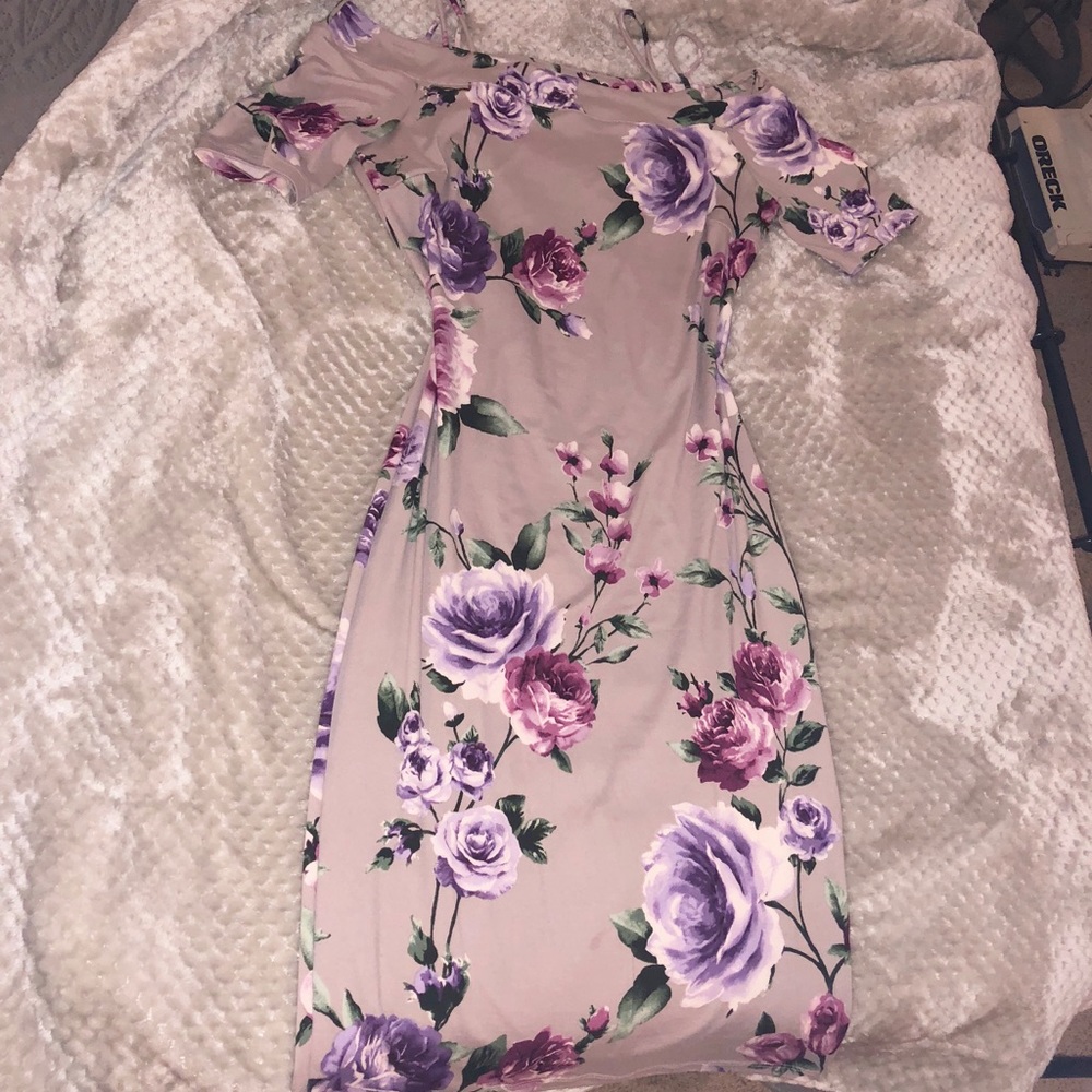 Lilac and floral off the shoulder wiggle